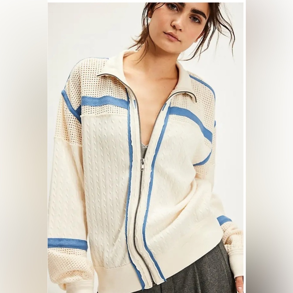 We The Free Cream Zip-Up Cardigan with Blue Stripe Trim